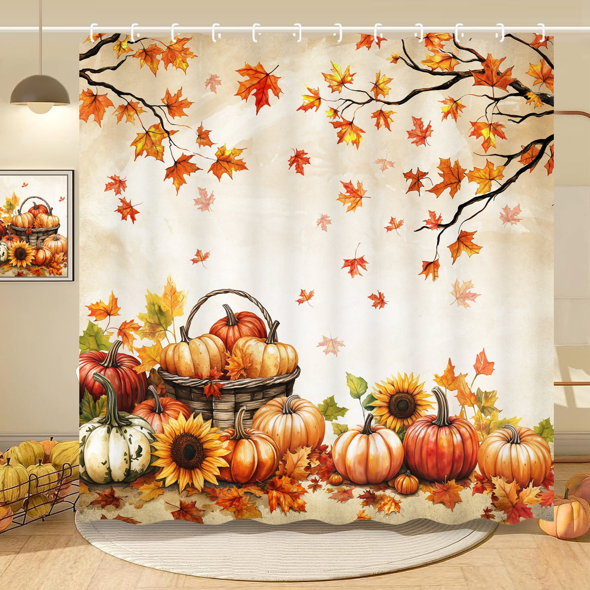 FRAMICS 16-Piece Fall Shower Curtain Sets with Rugs, Maple Leaves Pumpkin Bathroom Sets, Waterproof Fabric Bathroom Curtain Decor with Hooks