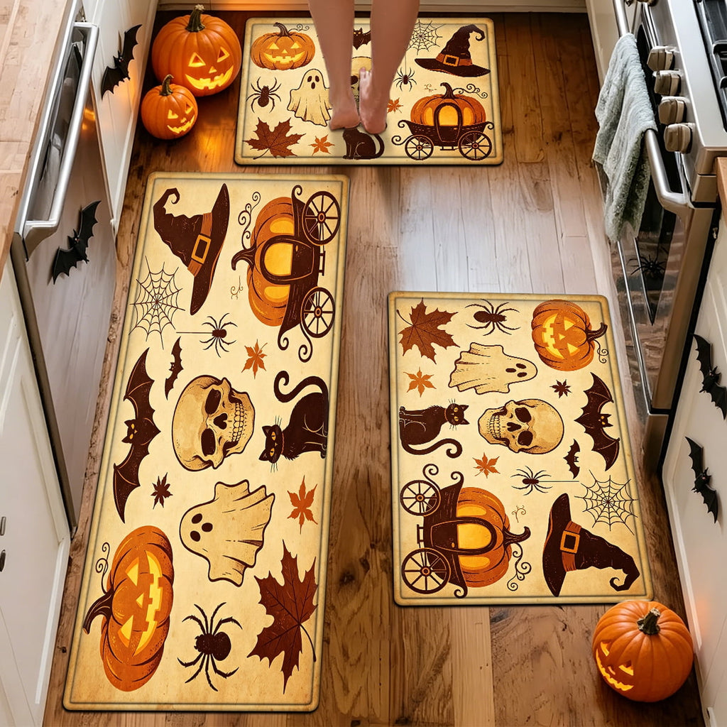YIMEIS Halloween Neon Pumpkin Lanterns 3Pcs Flannel Mat & Kitchen Rugs Set,Soft Non-slip,16''×24'' 20''×30'' 17''×47'' Inches,for Entryway Bathroom
