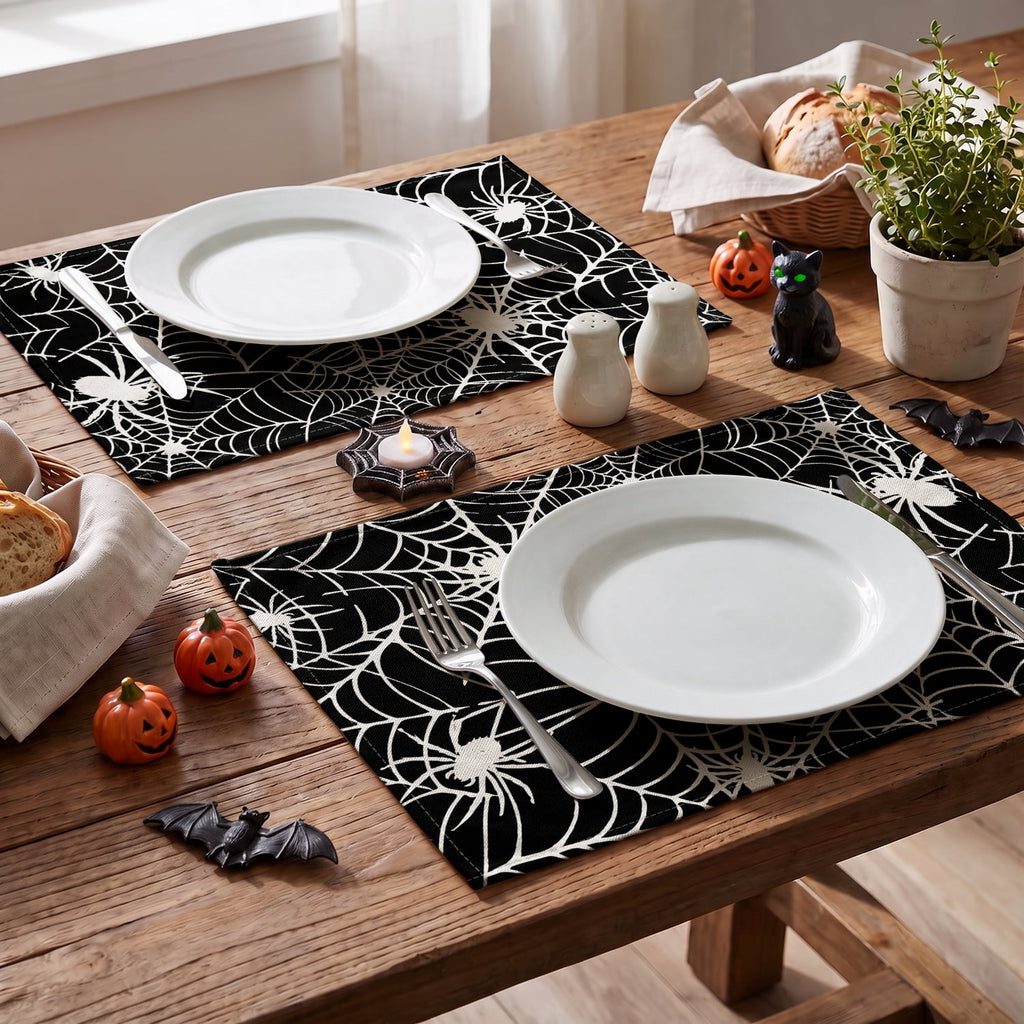 Smile Jack-O'-Lantern Spider Web Halloween Table Placemats Set of 4 Round 15 Inch Black