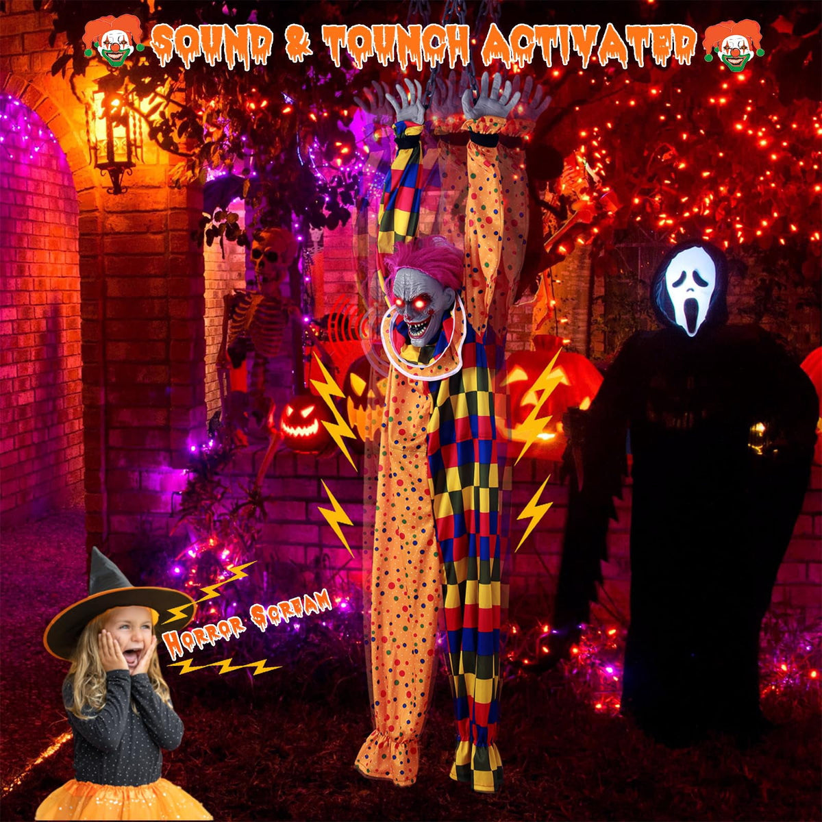 5.6 Ft Halloween Hanging Animated Talking Shaking Scary Clown with Chain Light Up Red Eyes Sound Touch Activated