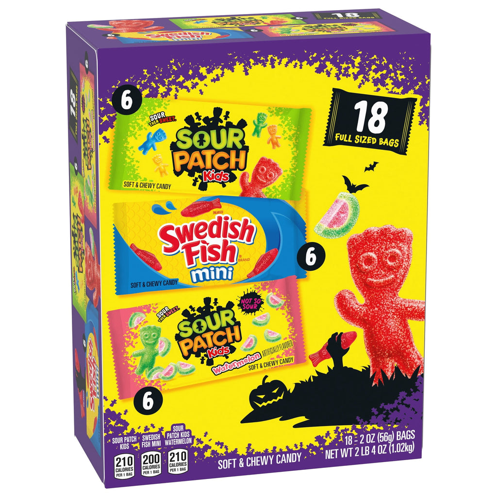 SOUR PATCH KIDS and SWEDISH FISH Mini Soft & Chewy Halloween Candy Variety Pack, 18 Snack Packs
