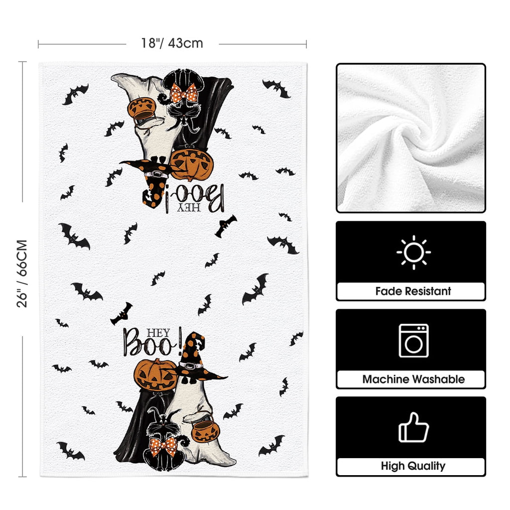 Sm:)e Spooky Pumpkin Ghost Boo Bat Halloween Kitchen Dish Towels 2 Set 18 x 26 inch