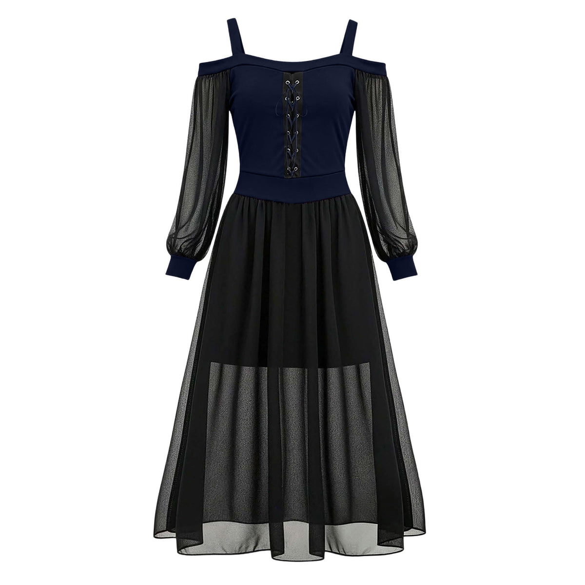 JOANKDMI Women's Gothic Midi Dress Elegant Vampire Costume Cold Shoulder Sheer Long Sleeve Lace-up Corset for Roleplay Halloween Party Outfit Chic, S-3XL