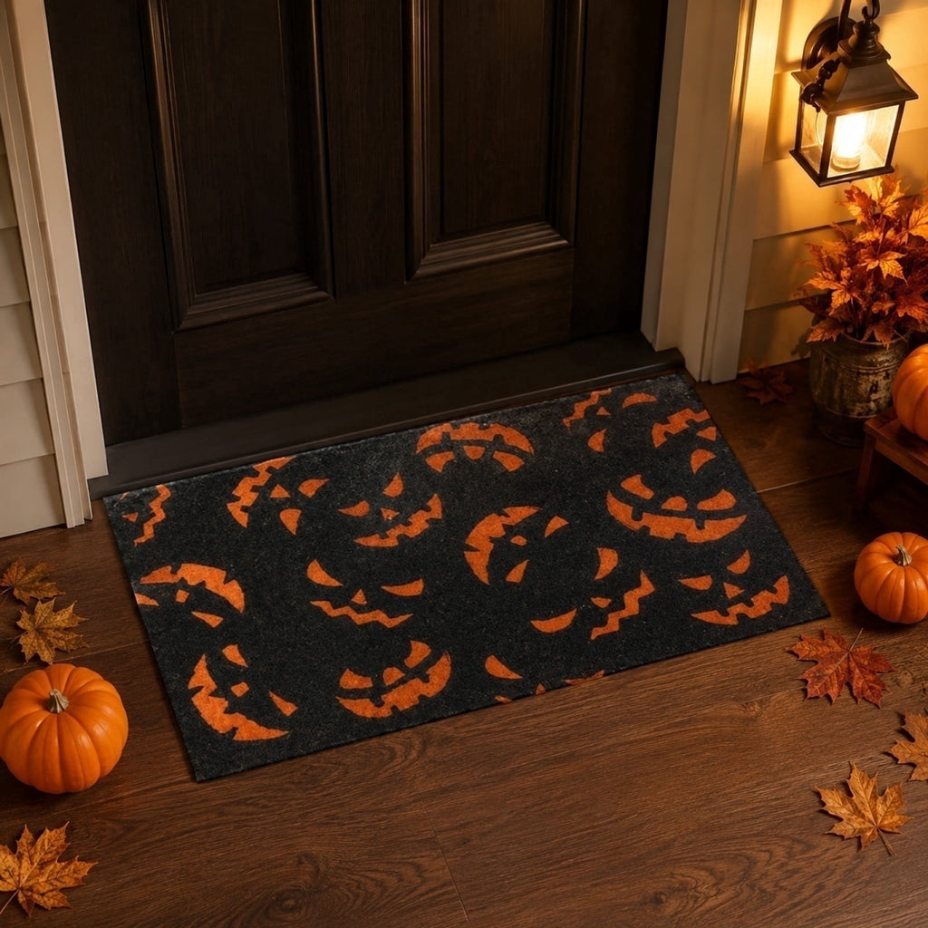 Doormat with Black and Orange Pumpkin Face Pattern, Durable Fiber Material for Outdoor Porch Front Door, Festive Halloween Decor,40 x 60 cm