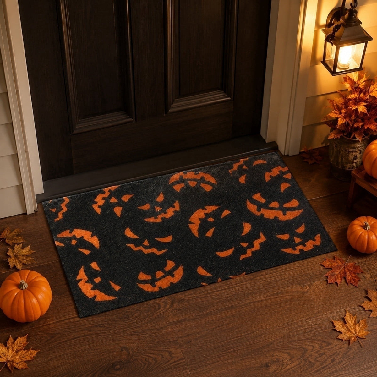 Doormat with Black and Orange Pumpkin Face Pattern, Durable Fiber Material for Outdoor Porch Front Door, Festive Halloween Decor,40 x 60 cm