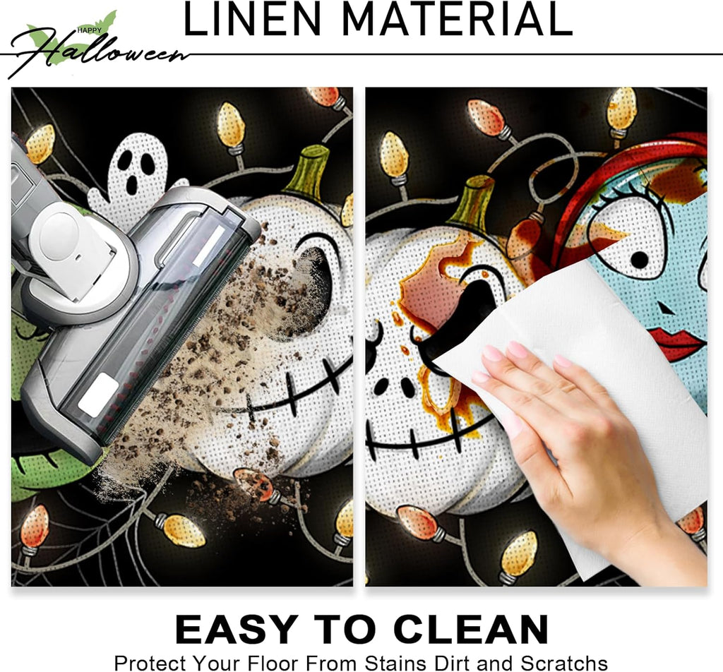 Halloween Jack Skellington Kitchen Rugs Set of 2, Green Monster Mayor Jack O Lantern Pumpkin Kitchen Mats Decor, Funny Holiday Ghost Floor Door Mat Home Decorations - 17x29 and 17x47 Inch