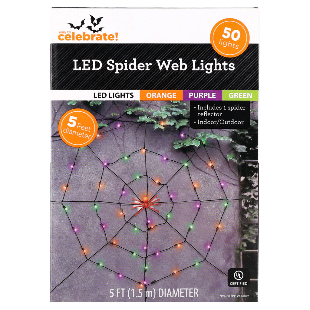 Indoor/Outdoor 50-Count LED Spider Web Lights, Multicolor, 5', Halloween by Way To Celebrate