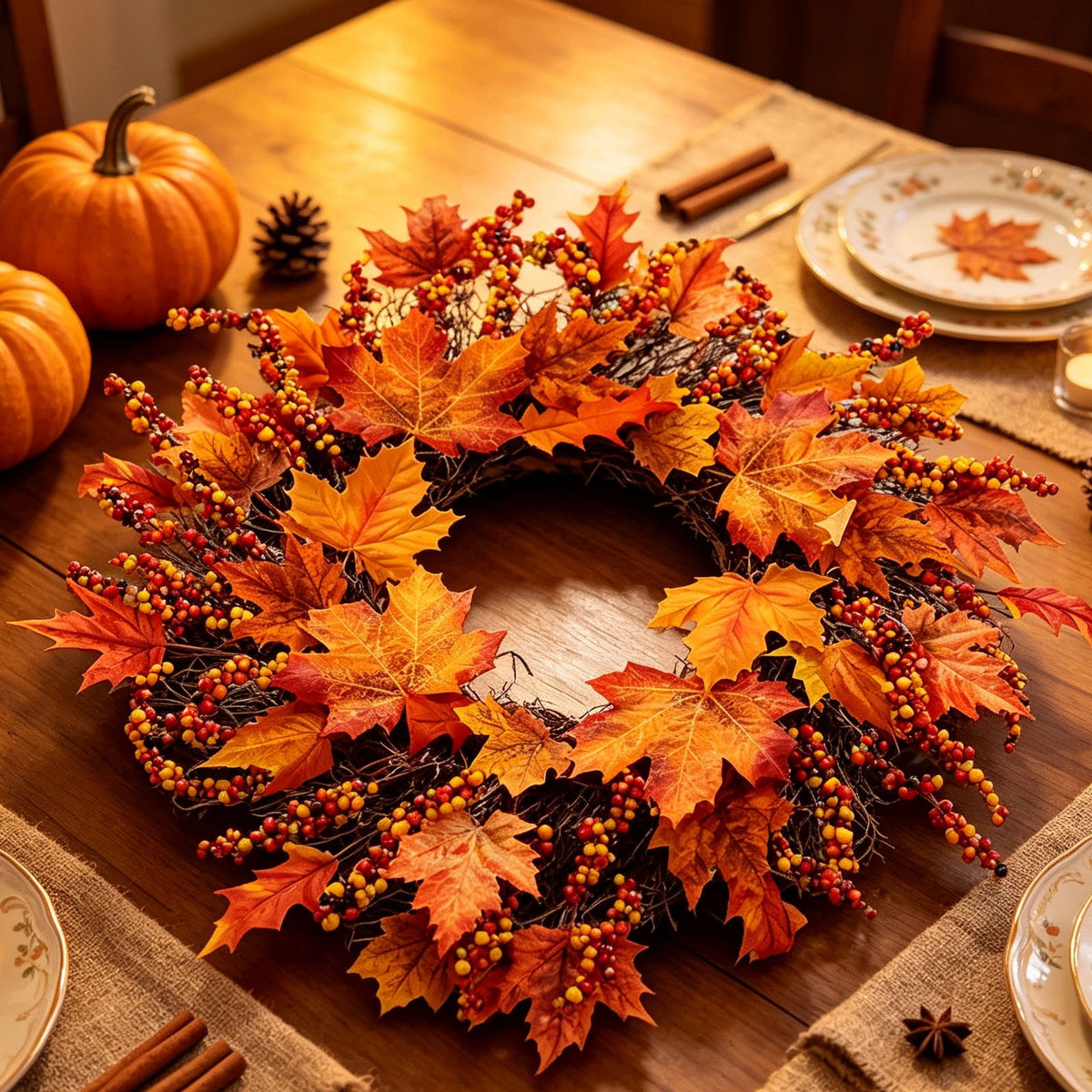 HOARBOEG Autumn Harvest Sunflower Wreath, Artificial Pumpkin Maple Leaf Fall Wreath for Front Door, 21.65 in Thanksgiving Wall Hanging Decor, Outdoor Indoor Harvest Decor