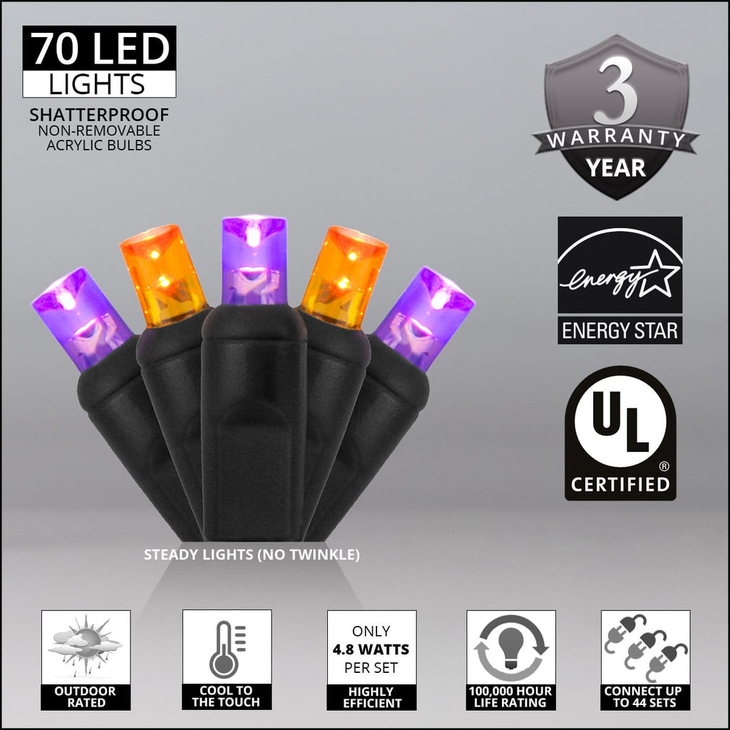 70 LED Purple and Orange String Lights for Halloween Displays Party Decoration, 24', Indoor Outdoor Black Wire