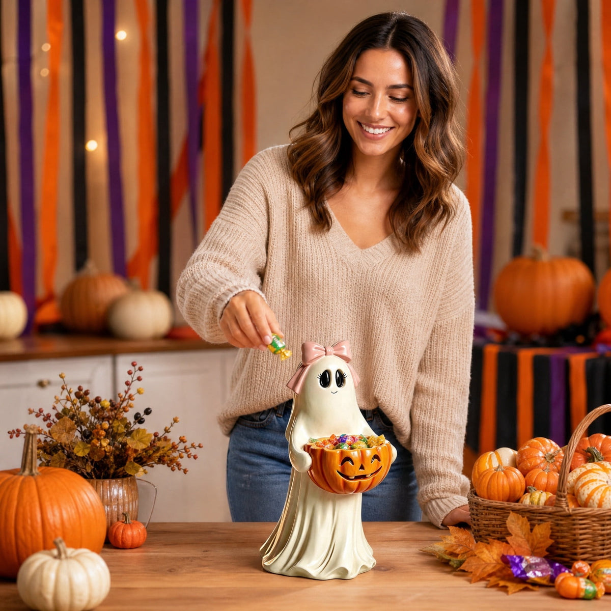 Diceymbol Halloween Pumpkin Snack Bowl Stand Collapsible Broomstick Candy Tray for Cupcakes & Desserts, Resin Serving Platter with Ceramic Pumpkin Bowls