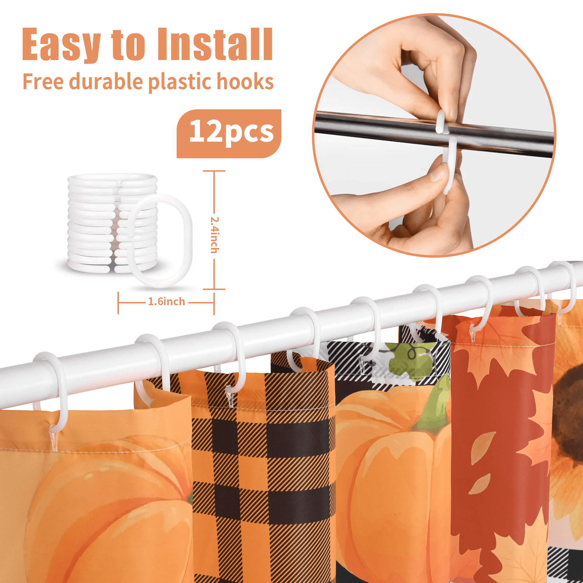 Ikfashoni Fall Shower Curtain with Hooks, Fall Decor for Home, Buffalo Plaid Pumpkin Waterproof Bathroom Curtains, 72"X72"