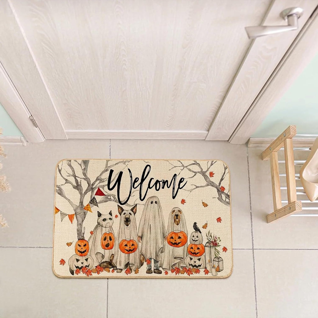 Halloween Decorations - Door Mat, Halloween Ghost Dogs Pumpkin Outdoor Mats for Front Door, Indoor Entrance Non-Slip Doormat, 1Pcs
