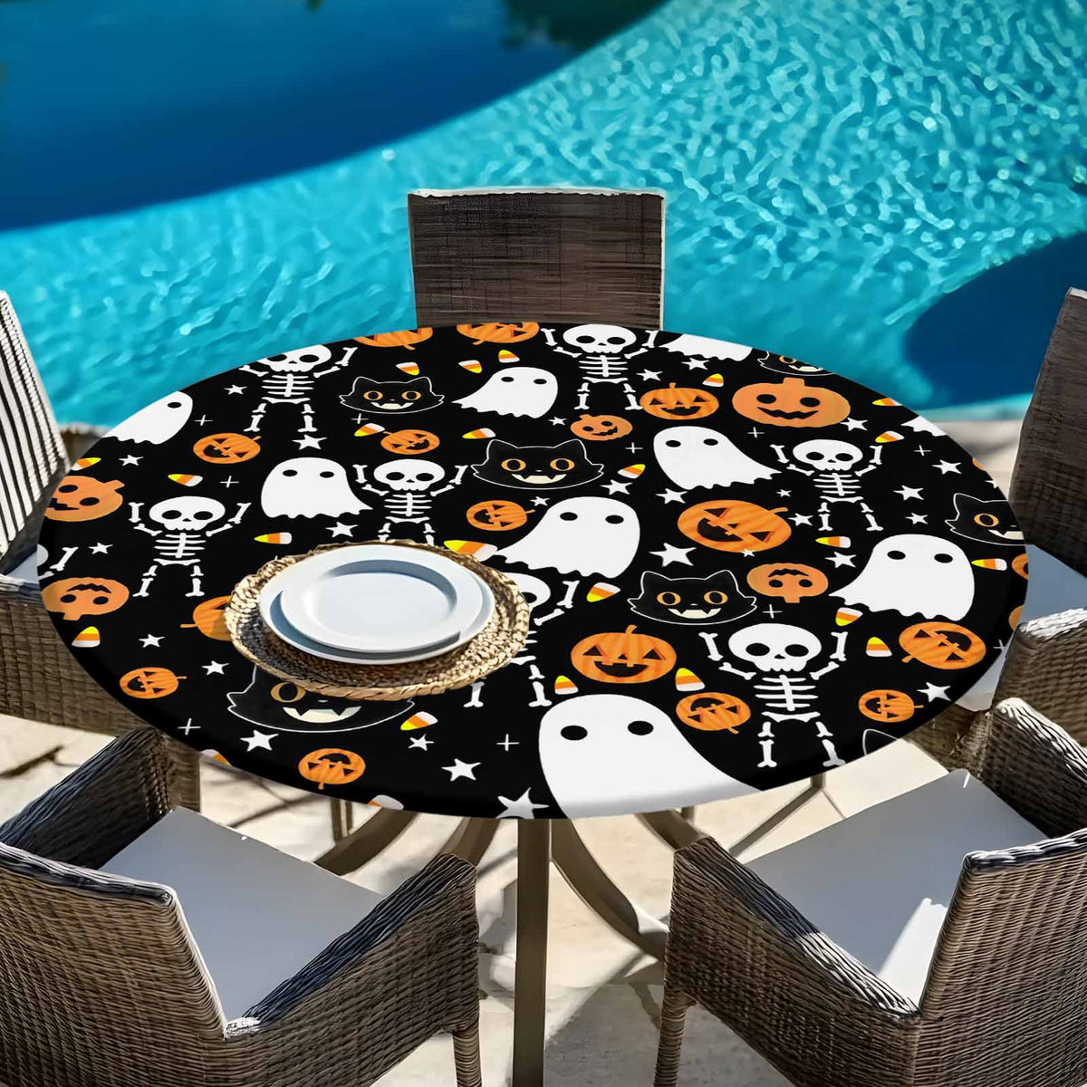Halloween Round Tablecloth 36-44 Inch Round Fitted Table Cloth with Elastic Edge, Orange Pumpkins White Funny Ghost Black Cat Waterproof Table Cover Protector for Outdoor Picnic Party Dining