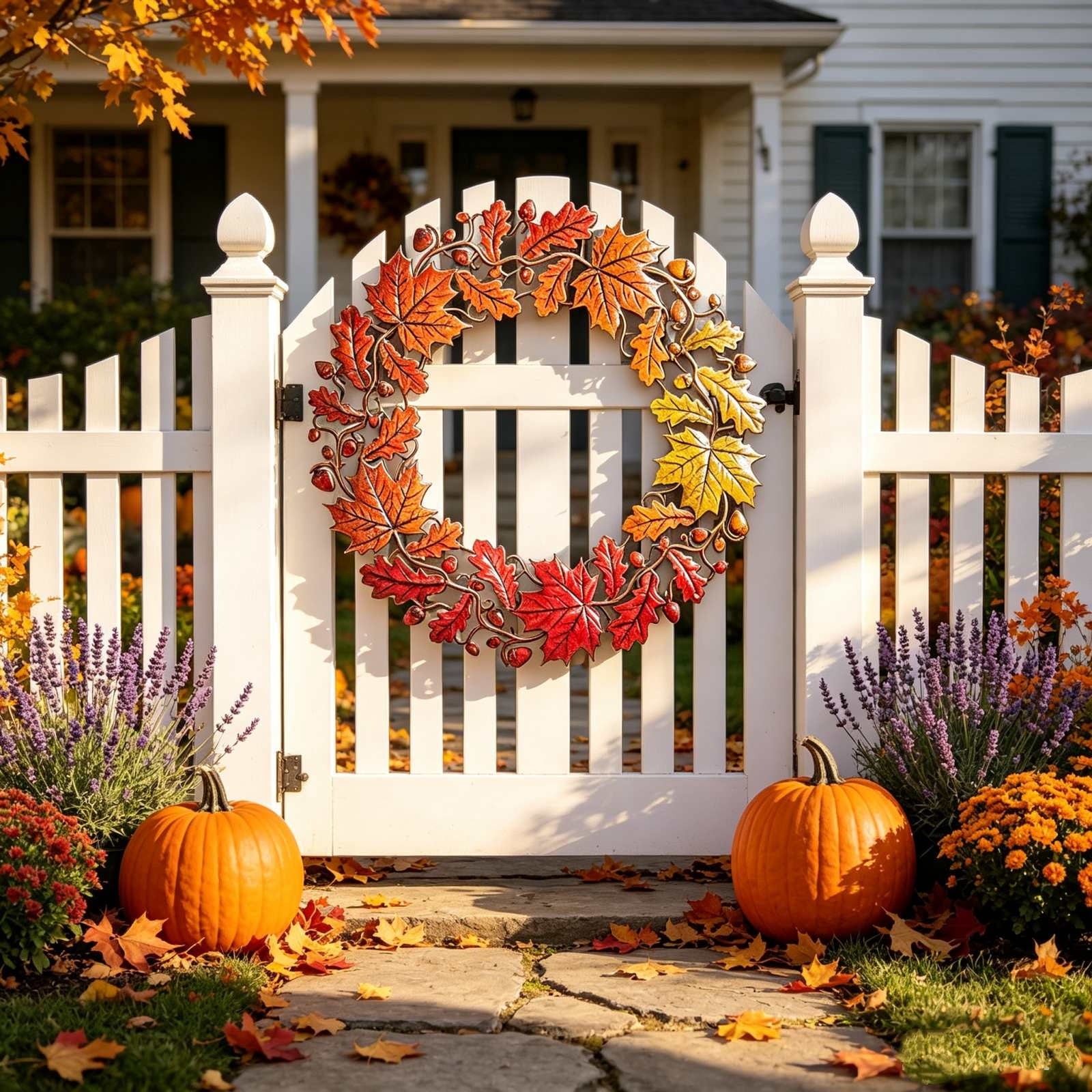 HOARBOEG Handmade Wrought Iron Maple Leaf Wreath, Thanksgiving Rudolph Fall Harvest Door Hanging, Orange Metal Autumn Wreath with Berries, Garden Wall Decor, 15.75 in