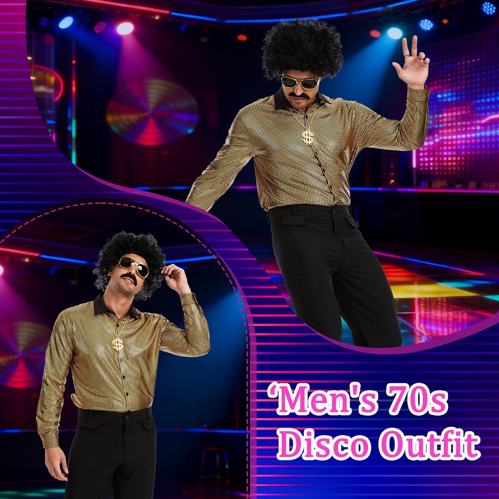 MYATED 70s Disco Costume for Men 6 Pcs Dance Bell Bottom Pants Retro Shirts Wigs Sunglasses Necklace Shirts for Disco Party (Black,L)