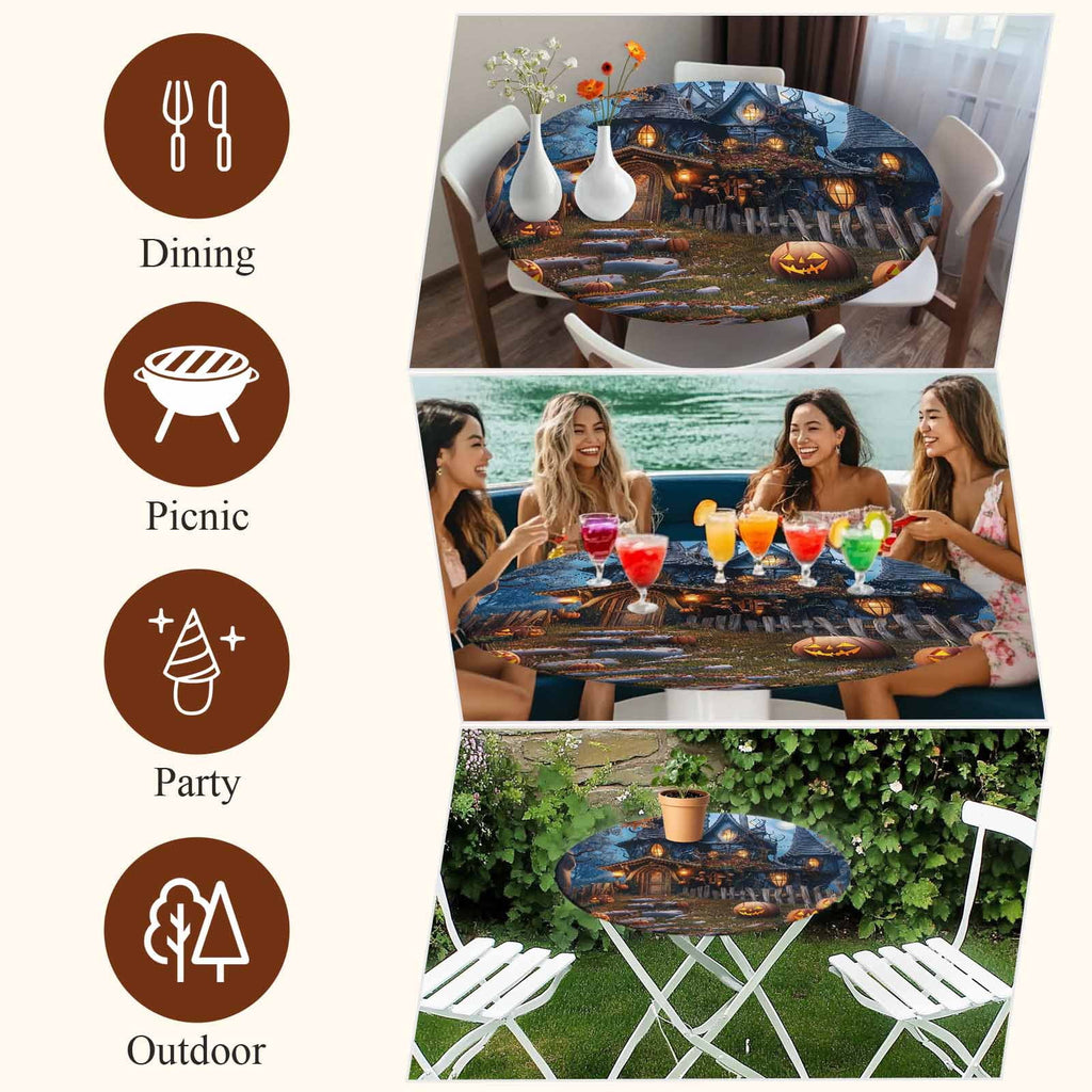 Halloween Round Tablecloth 36-44 Inch Round Fitted Table Cloth with Elastic Edge, Forest Ghost Pumpkin Castle Vintage Cottage Waterproof Table Cover Protector for Outdoor Picnic Party Dining