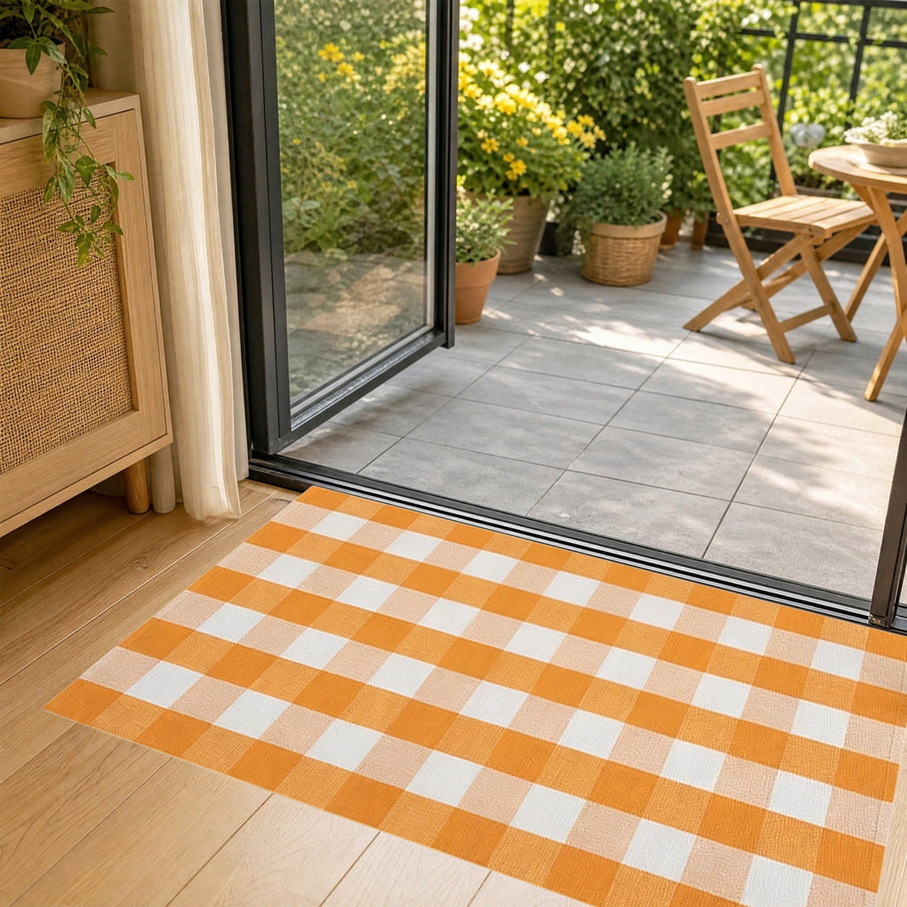 Orange Plaid Fall Outdoor Mat, Hand-Woven Porch Rug for Thanksgiving Halloween Door Decor