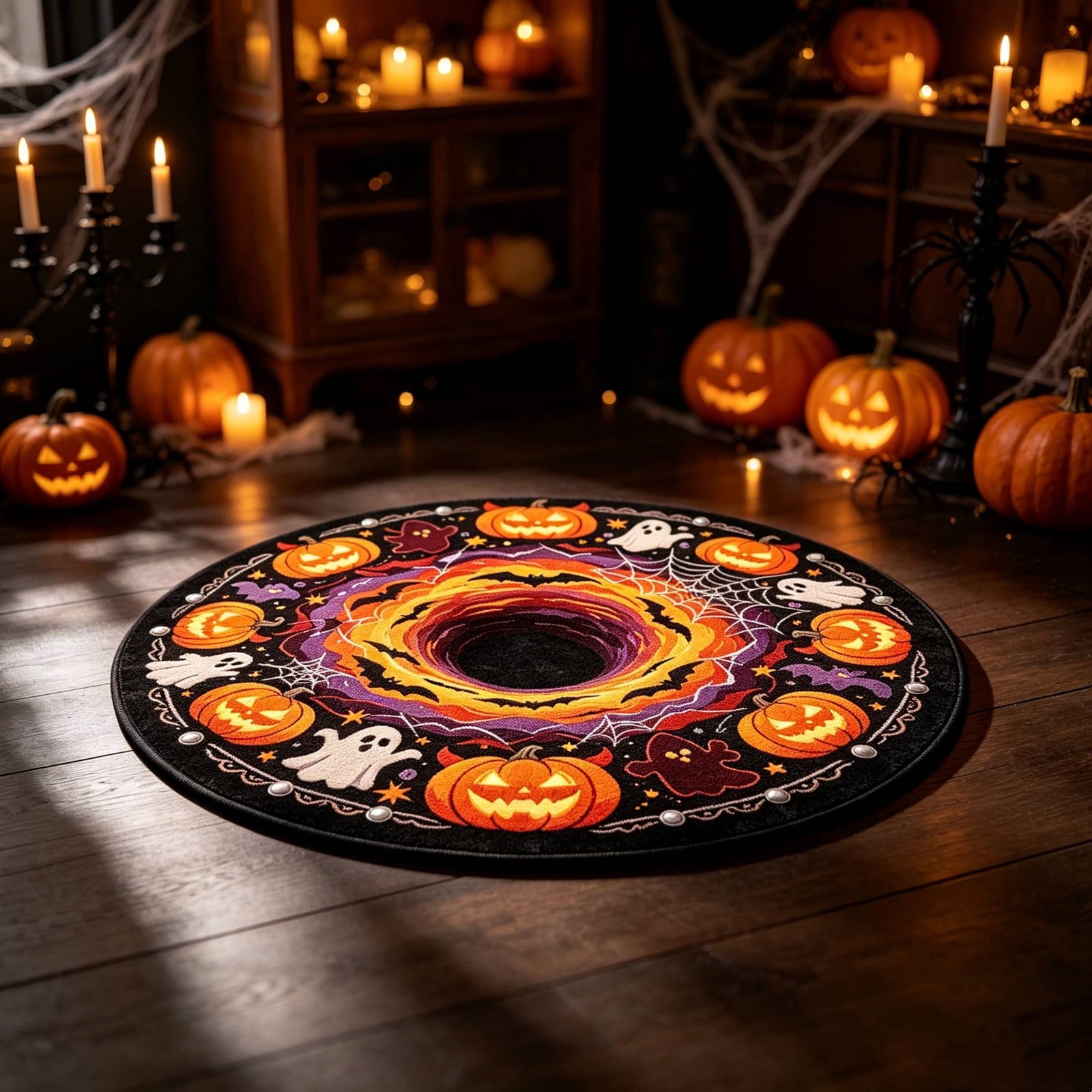 Halloween Round Rug Optical Ghost Pumpkin Mat 15.75in Diameter Polyester Skidproof & Soft for Entryway Bedroom Party by MPOISVA
