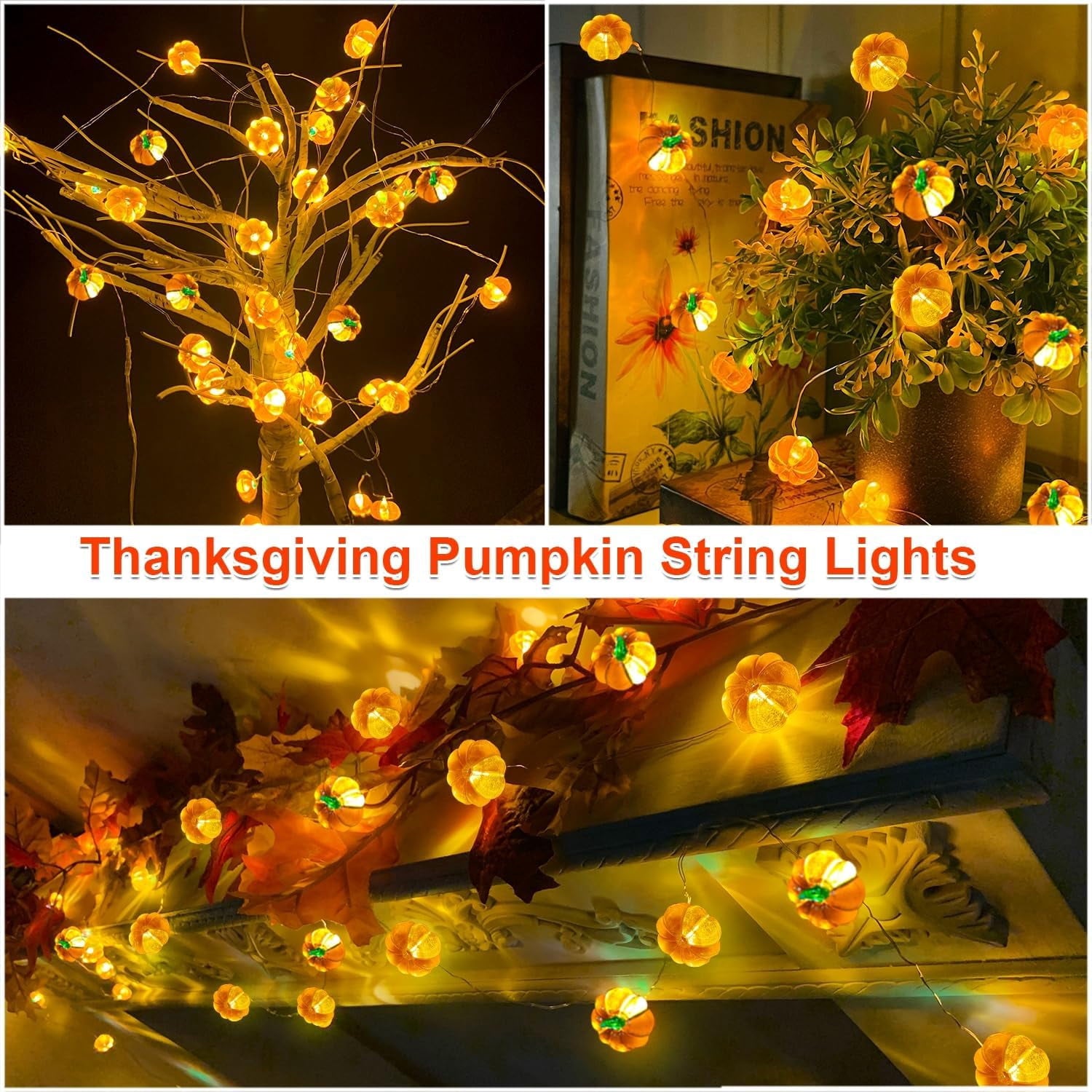 Halloween Fall Decorations, 1 Pack 3D Halloween Lights Total 10Ft 10/20/30LED Warm White Pumpkin String Lights Battery Operated Orange Lights for Halloween Decorations Party Indoor, 1/2/3 Meters
