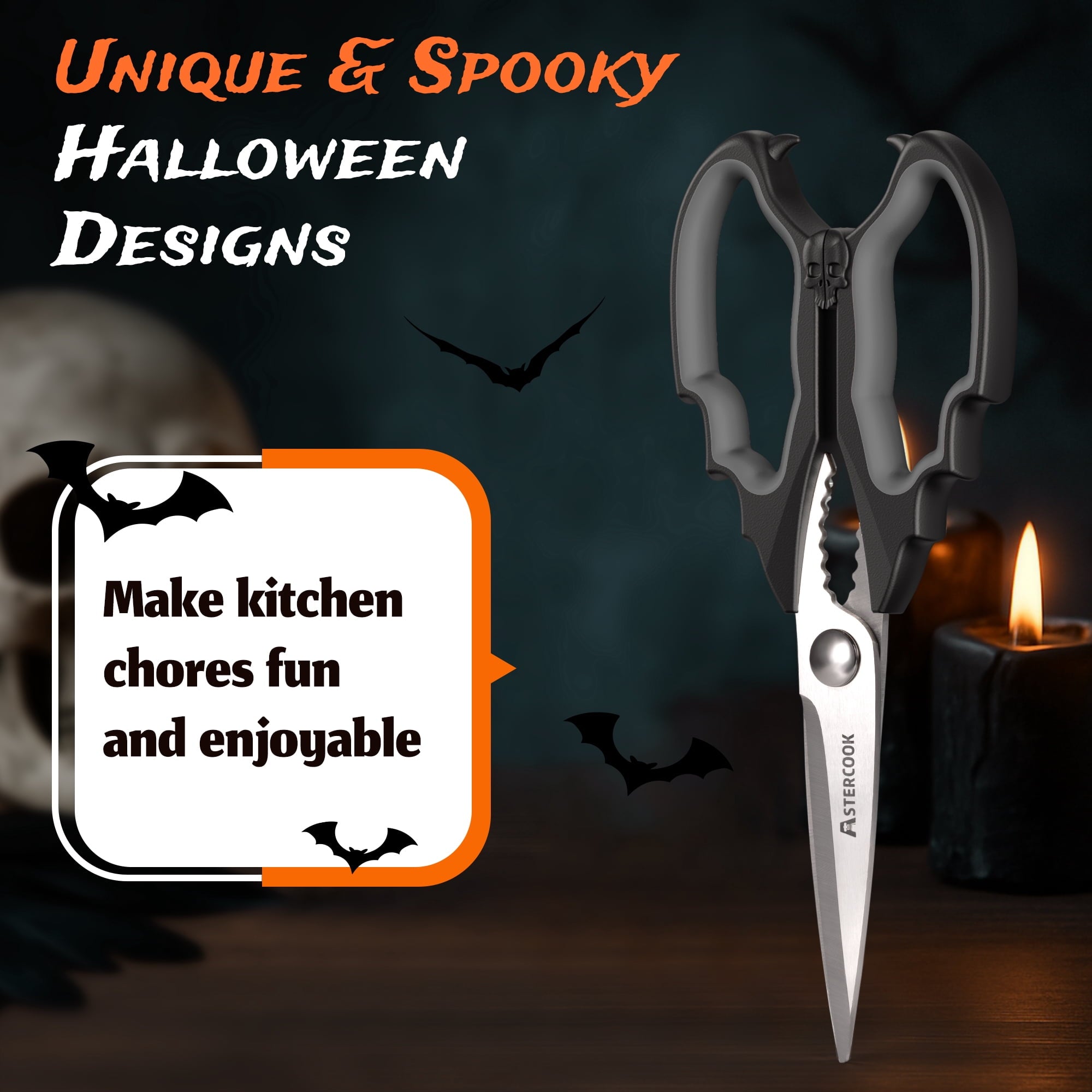 Astercook Halloween Kitchen Scissors, Gothic Skull Heavy Duty Shears for Cooking, Poultry, Herbs – Spooky Pumpkin Design, Dishwasher Safe, Perfect Gift for Halloween Party & Home Décor Red