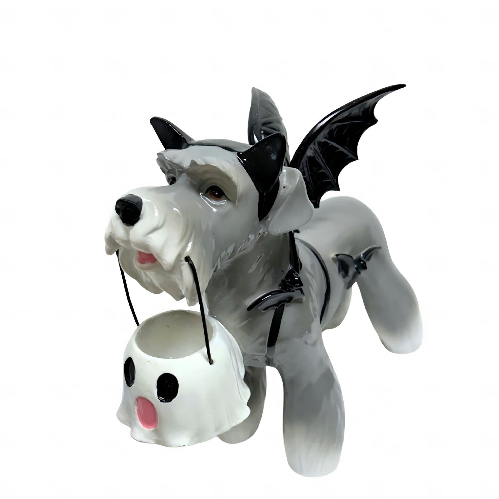 Clearance Halloween Schnauzer Bat Figurine with Ghost Bucket, 8 inch Resin Cute Dog Gifts Tabletop Decor