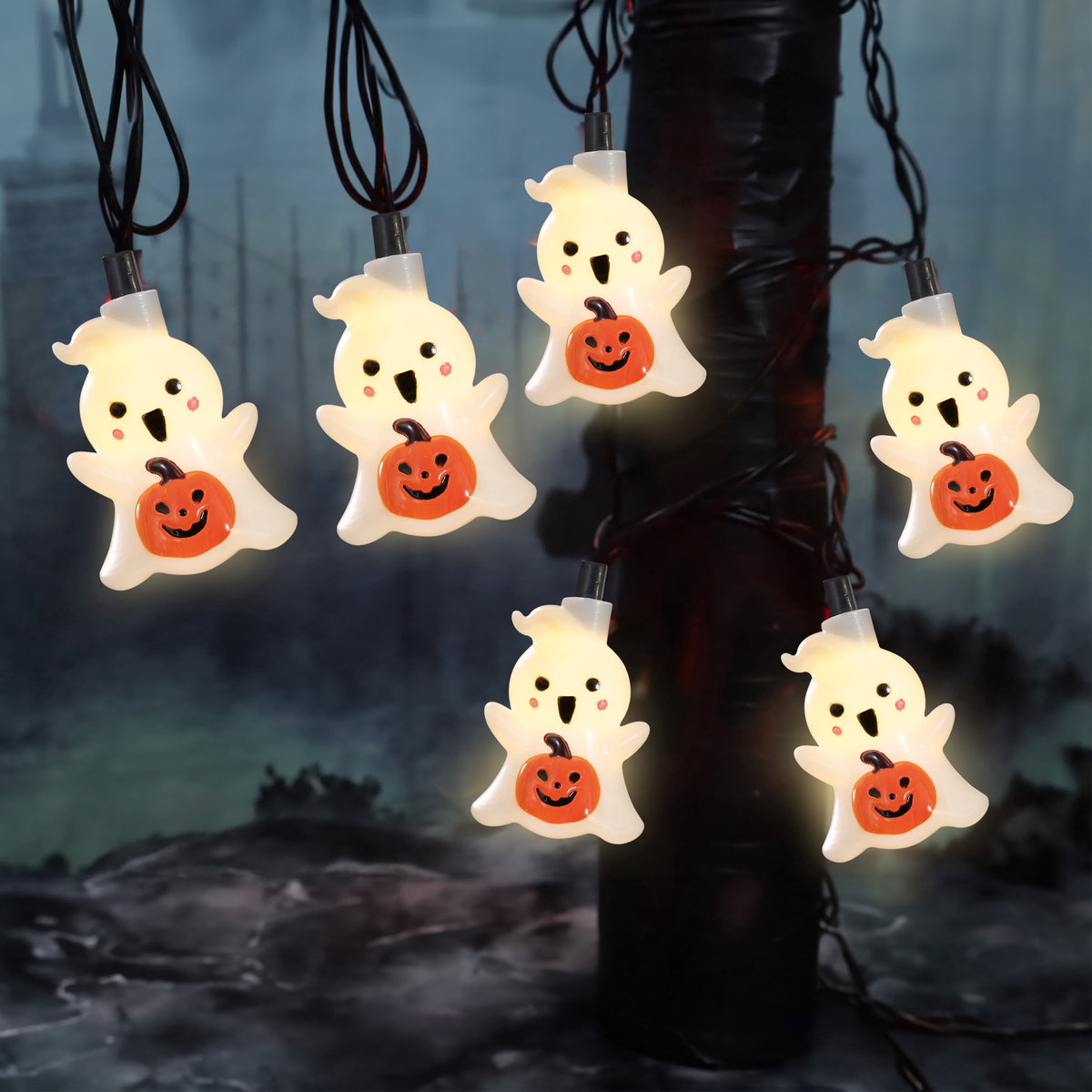 Indoor/Outdoor 10-Count LED Ghost String Lights, Warm White, 6.5', Halloween by Way To Celebrate