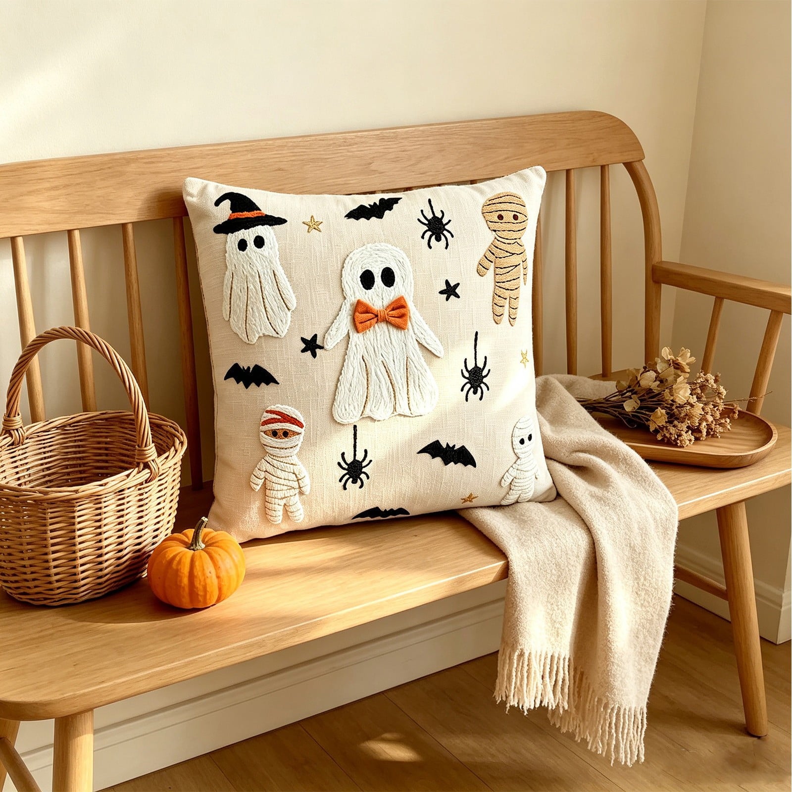 Yeciiwht Halloween Throw Pillow Cover – 18*18inch Embroidered Linen Cushion Case with Ghost, Mummy & Bat Designs, Invisible Zipper, Machine Washable