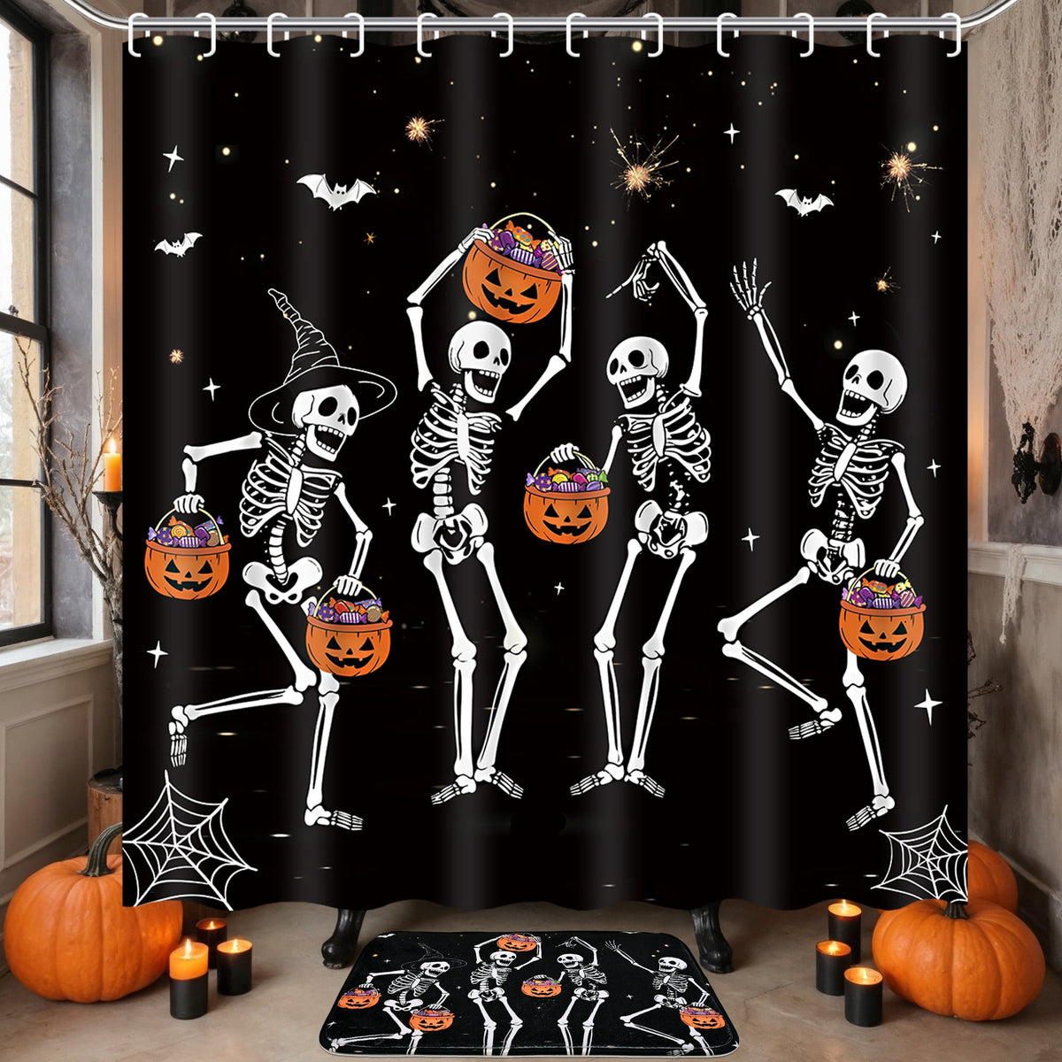 FRAMICS Halloween Shower Curtain Sets with Rugs, 16 Pc Pumpkin Spooky Ghost Bathroom Sets, Black Waterproof Fabric Shower Curtain with 12 Hooks and Toilet Rugs