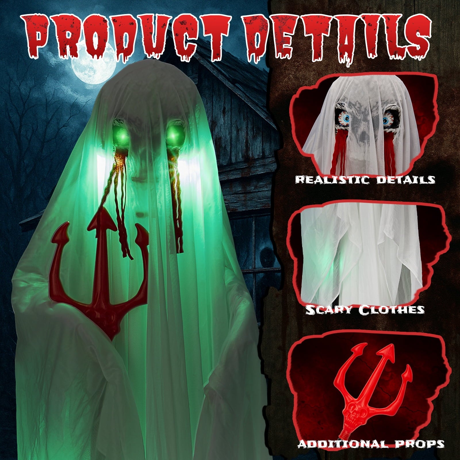 UBesGoo 4.5' Hanging Ghost Animated Halloween Decoration Creepy Halloween Skeleton, Halloween Skeleton with sound and lights