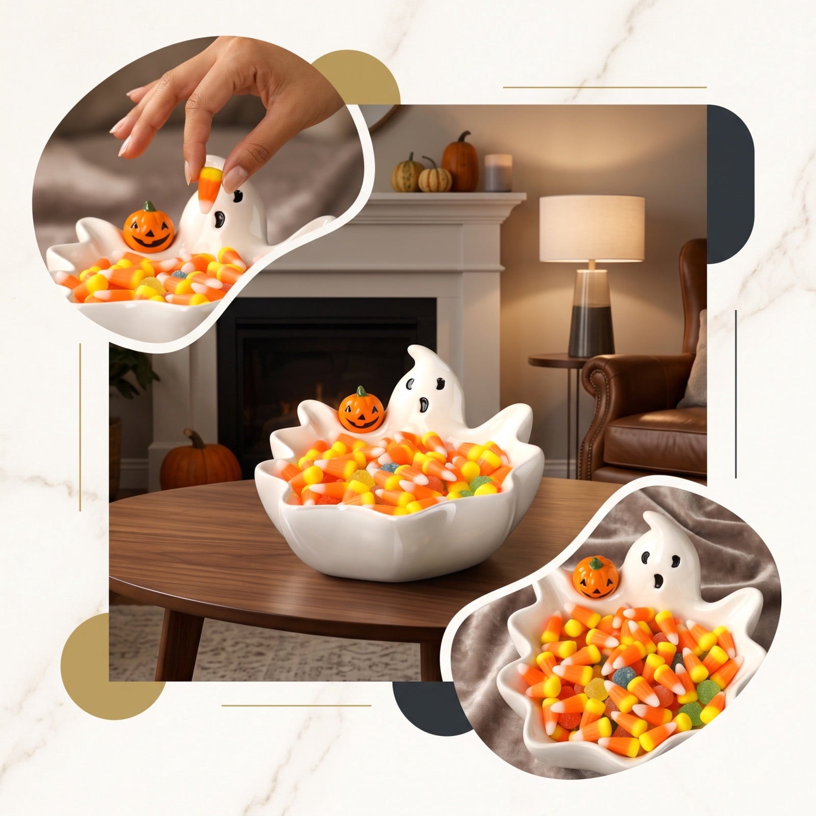 Diceymbol Halloween Pumpkin Snack Bowl Stand Collapsible Broomstick Candy Tray for Cupcakes & Desserts, Resin Serving Platter with Ceramic Pumpkin Bowls