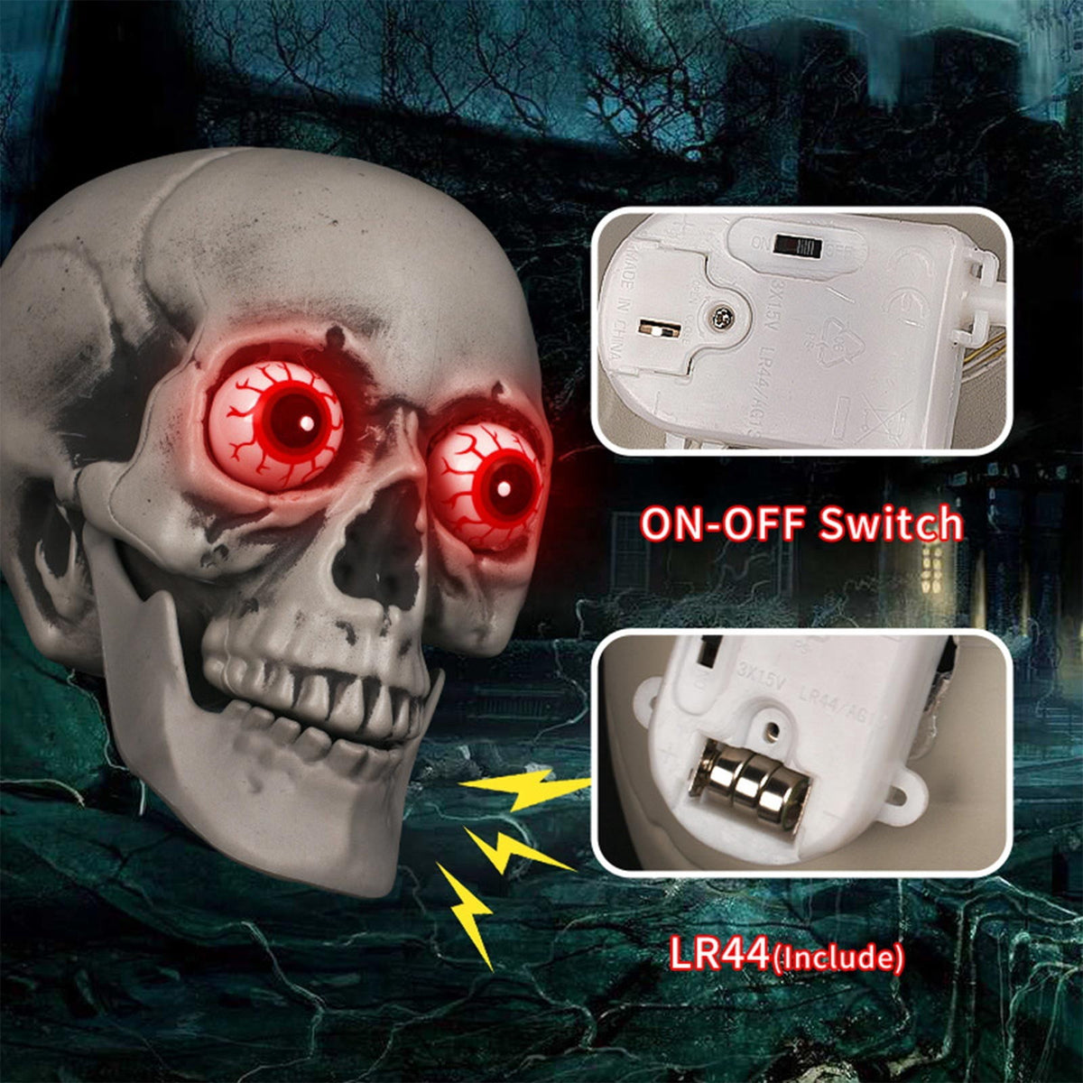 HOARBOEG Glowing Talking Skull Halloween Prop - Realistic Moving Horror Decoration with Sound & Voice Control, Scary Animated Skull for Haunted Houses, Parties, Prank