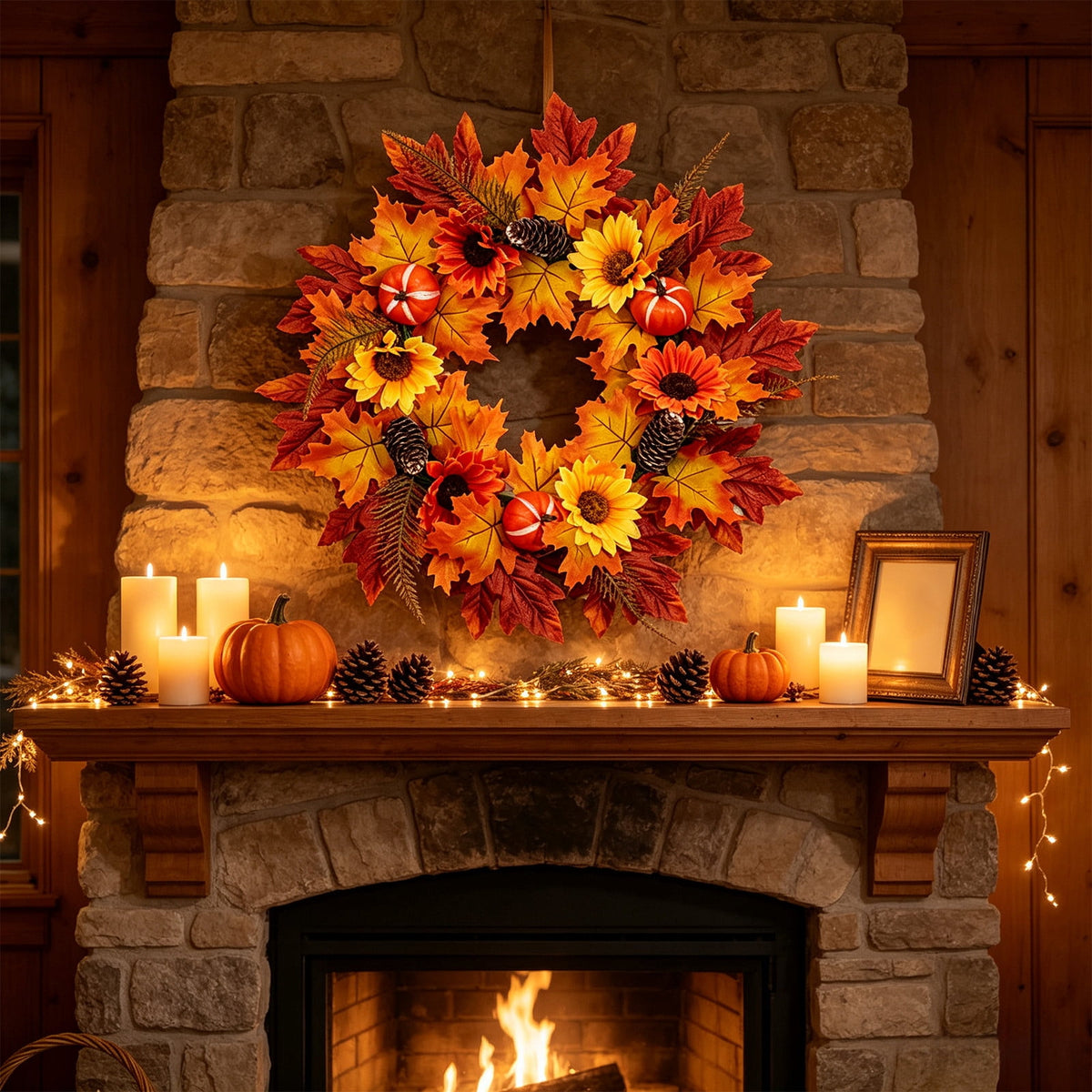 HOARBOEG Handmade Wrought Iron Maple Leaf Wreath, Thanksgiving Rudolph Fall Harvest Door Hanging, Orange Metal Autumn Wreath with Berries, Garden Wall Decor, 15.75 in