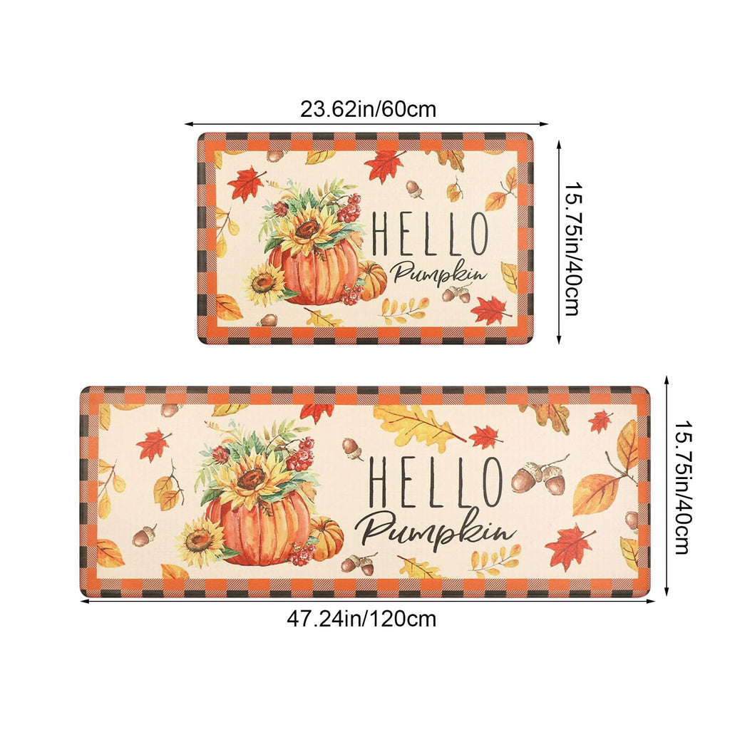 HOARBOEG Kitchen Floor Mat, Halloween Thanksgiving Fall Floor Mats 2-Piece Set - Non-Slip Pumpkin Maple Leaf Decor Rug for Bathroom Kitchen Porch Entrance, Holiday Home Decor
