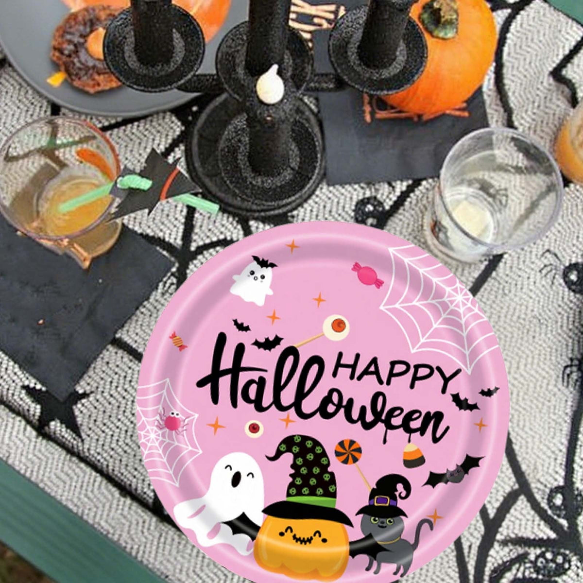 Eoozwa Pink Halloween Party Plates Set 20pcs Disposable Paper Plates and Napkins Cute Pumpkin Ghost Flower Tableware for Halloween Birthday Party Decoration Party Supplies