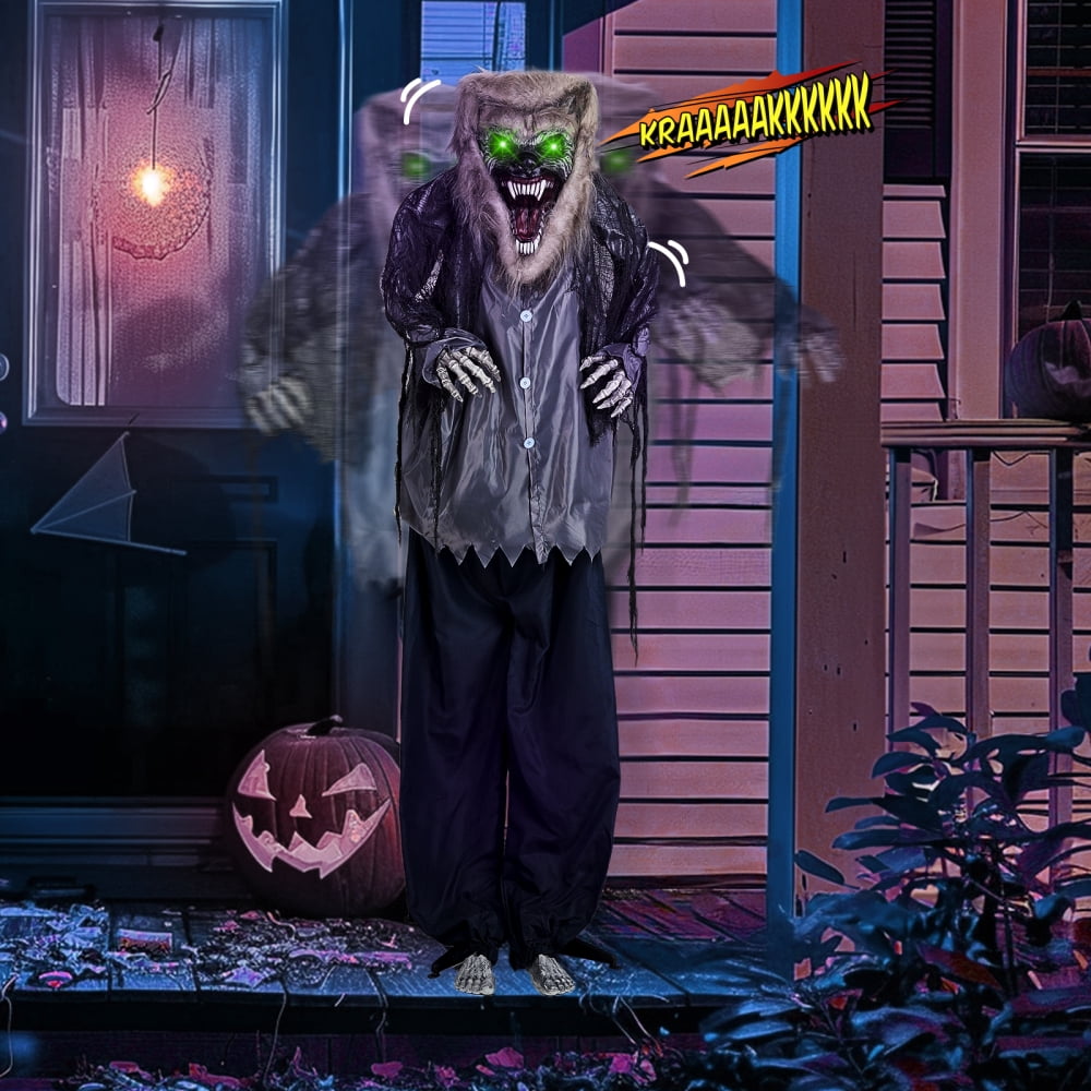 6.9ft Animated Hanging Werewolf - with Glowing Eyes and Creepy Howling Sound Halloween Decorations, Outdoor Haunted House Prop Decor, Grey