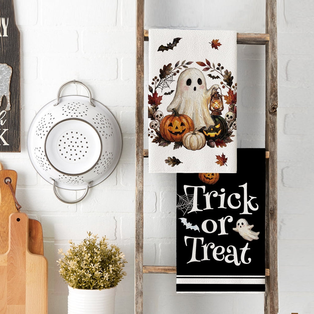Sm:)e Pumpkin Ghost Bat Happy Halloween Dish Towels Set of 4, 18x26 Inch, Seasonal Holiday Hand Towels for Kitchen and Dining Table