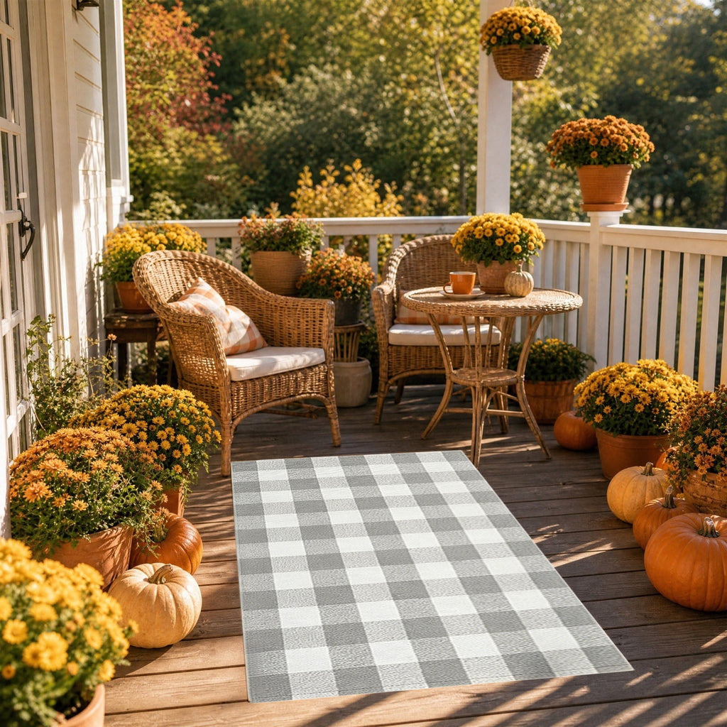 Orange Plaid Fall Outdoor Mat, Hand-Woven Porch Rug for Thanksgiving Halloween Door Decor