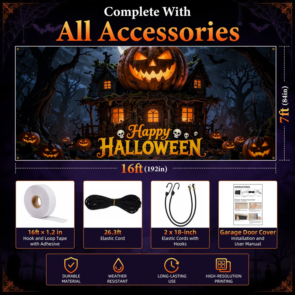 Lifestance Halloween Garage Door Banner, 16 x 7 ft Haunted Pumpkin Manor Garage Door Cover, Outdoor Halloween Decoration with Hanging Kit for Parties, Home & Yard Décor