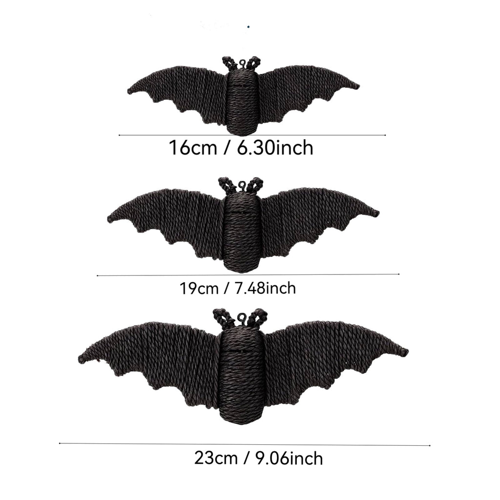 GoLucid Halloween Woven Bat Wall Decoration 3 Pack, Handcraft Rattan Bat Hanging Ornament Set 6.3" 7.48" 9.06", Indoor Outdoor Decor