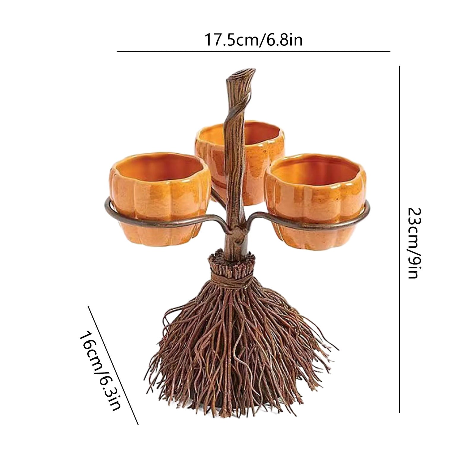 Diceymbol Halloween Pumpkin Snack Bowl Stand Collapsible Broomstick Candy Tray for Cupcakes & Desserts, Resin Serving Platter with Ceramic Pumpkin Bowls