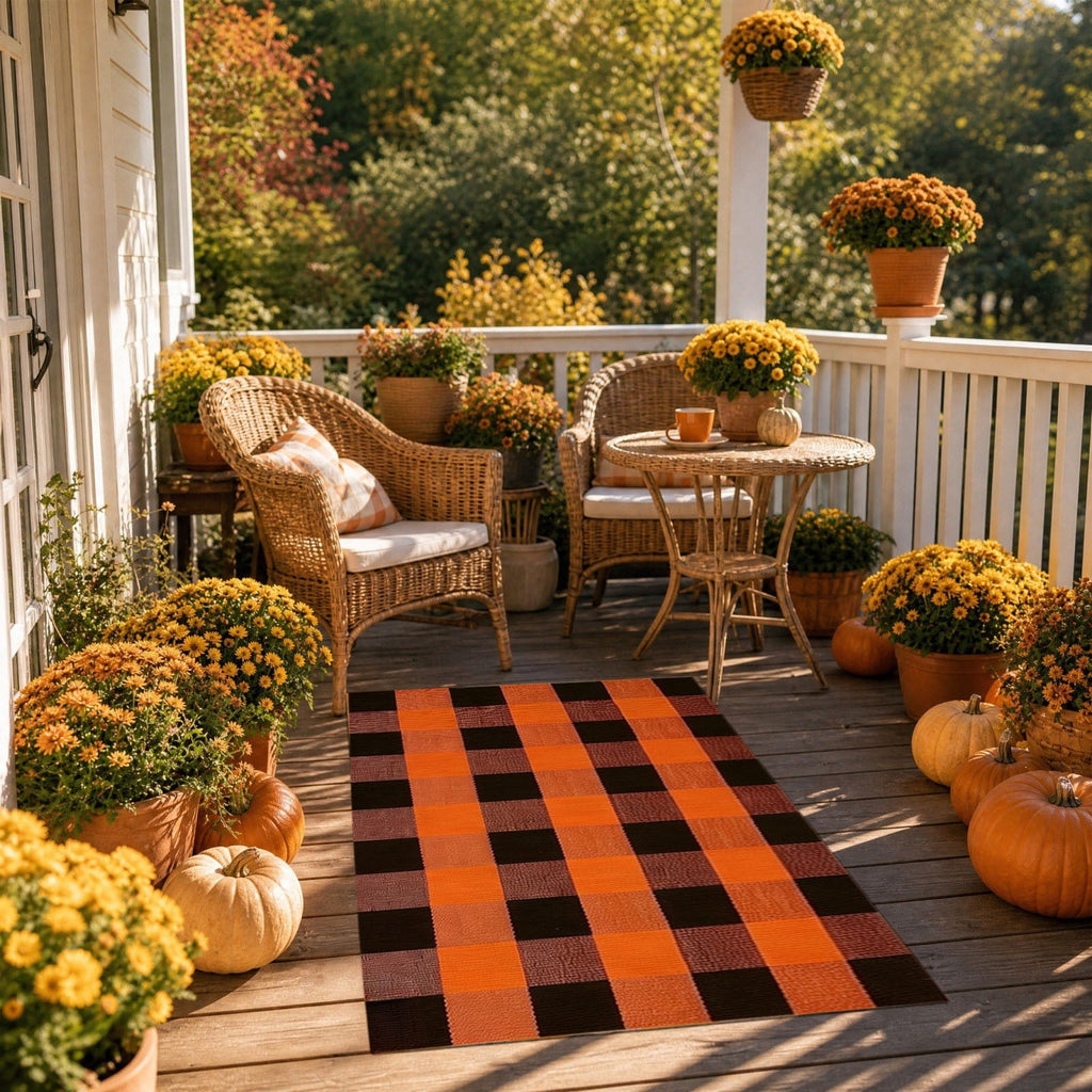 Orange Plaid Fall Outdoor Mat, Hand-Woven Porch Rug for Thanksgiving Halloween Door Decor