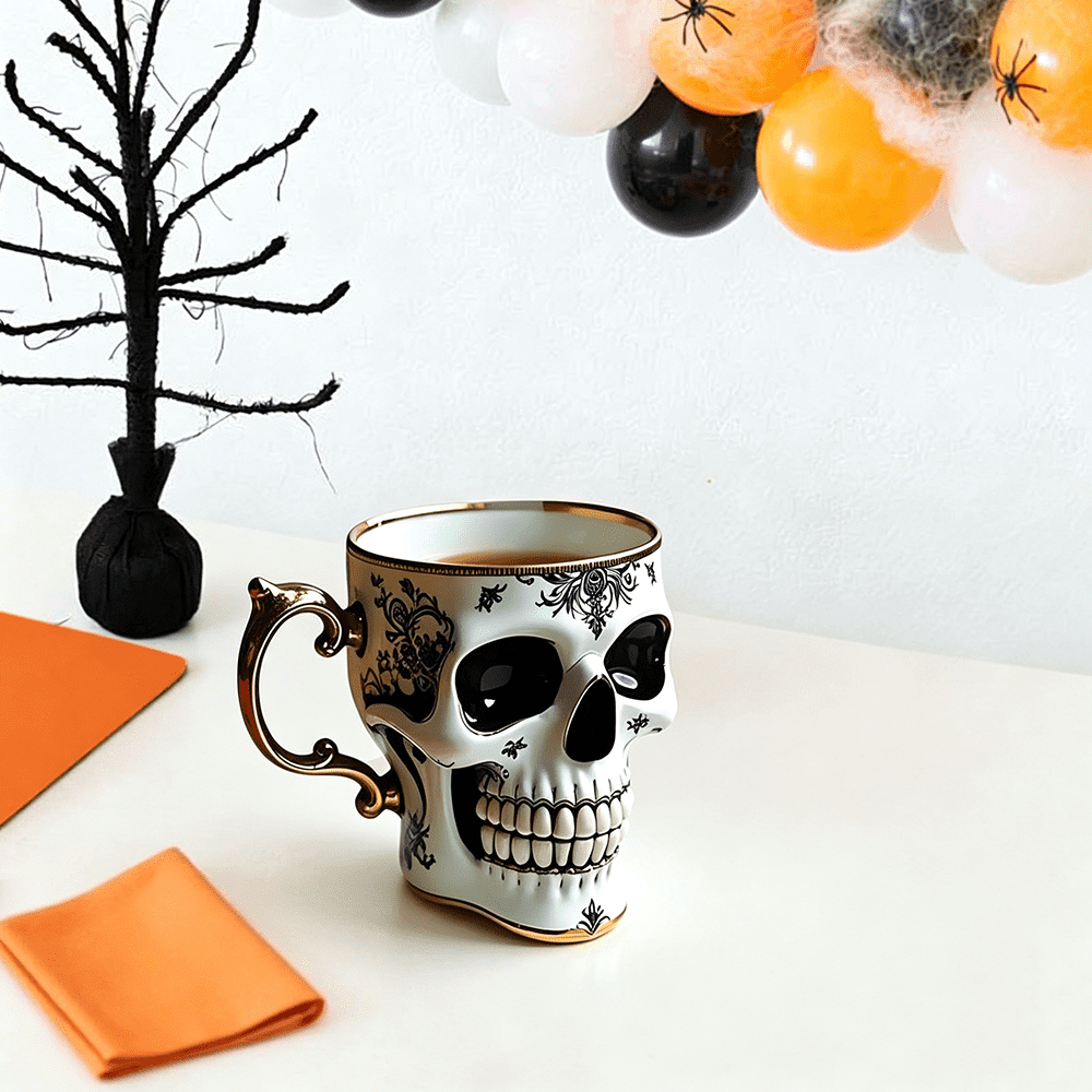 Skull Coffee Mug,Sparkly Skull Coffee Mug Gothic Tea Cups ,Skull Coffee Cup,Gothic Porcelain Tea Cup With Gold Trim, Skullcoffee Mug Halloween Gifts, Great For Coffee Lovers Unique Gift