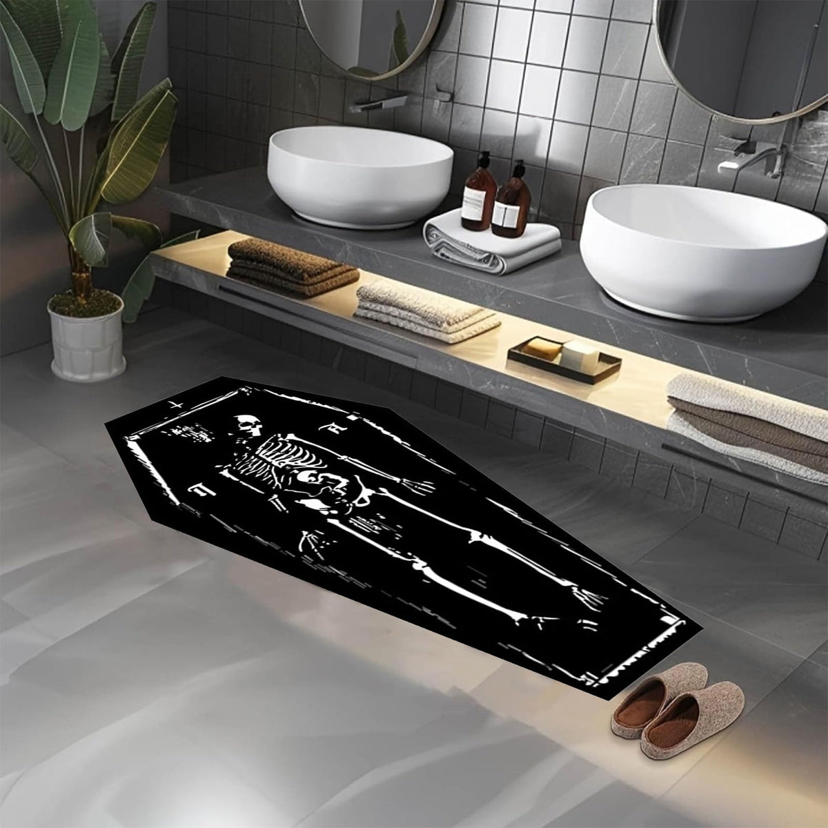 Harliver Halloween Carpet Gothic Coffin Shaped Skeleton Rug, Non Slip Washable Halloween Door Mat, for Bathroom Home Indoor Kitchen Bedroom Living Room Halloween Decorations, 15.7 x 47.2in