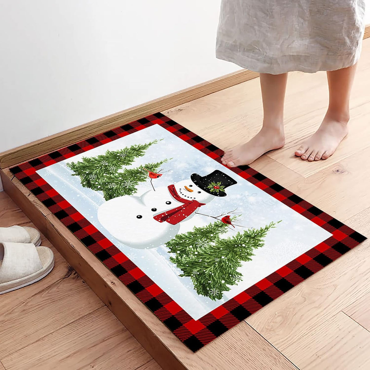 Christmas Snowman Trees Entrance Door Mat, Red Plaid Low Profile Tradition Christmas Decor Welcome Doormat, Non-Slip Carpet Rugs Floor Mat Decorative for Home/Bathroom/Kitchen - 20"x31.5"