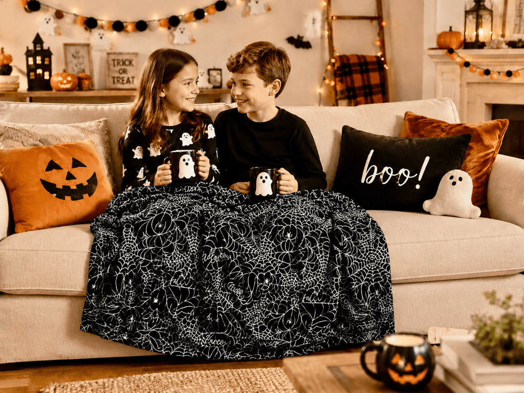 Serafina Home Halloween Throw Blanket: Fuzzy Boo! Jack O'Lantern Spider Webs Skull and Black Cats Print on Velvet Fleece for Sofa Bed Couch Chair Dorm