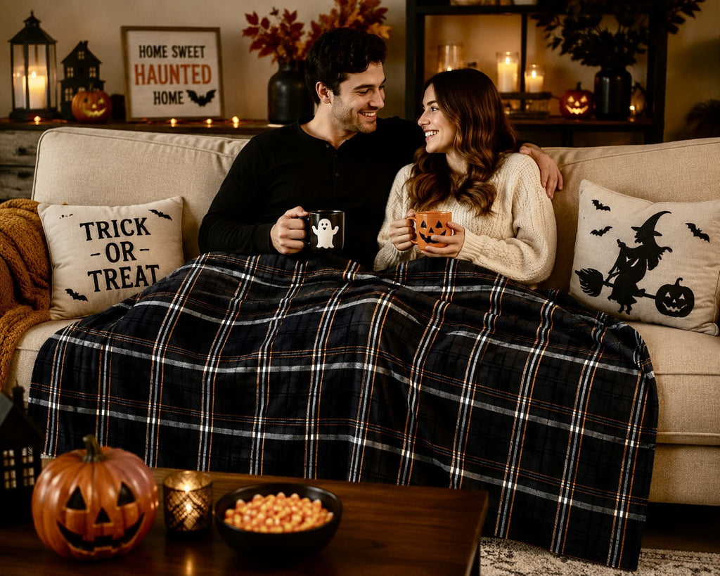 Serafina Home Halloween Throw Blanket: Fuzzy Boo! Jack O'Lantern Spider Webs Skull and Black Cats Print on Velvet Fleece for Sofa Bed Couch Chair Dorm