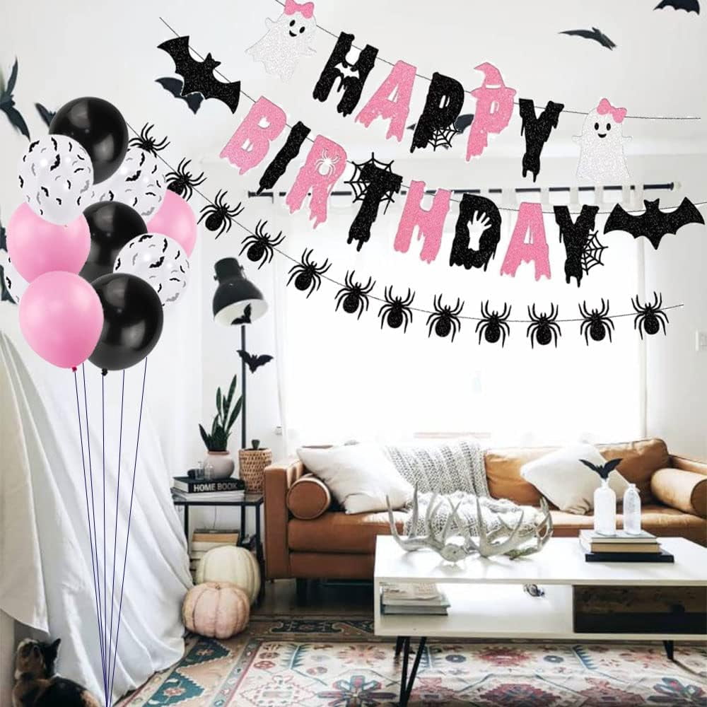 Halloween Birthday Party Decorations, Pink Black Glitter Happy Birthday Banner,Girl Halloween Birthday