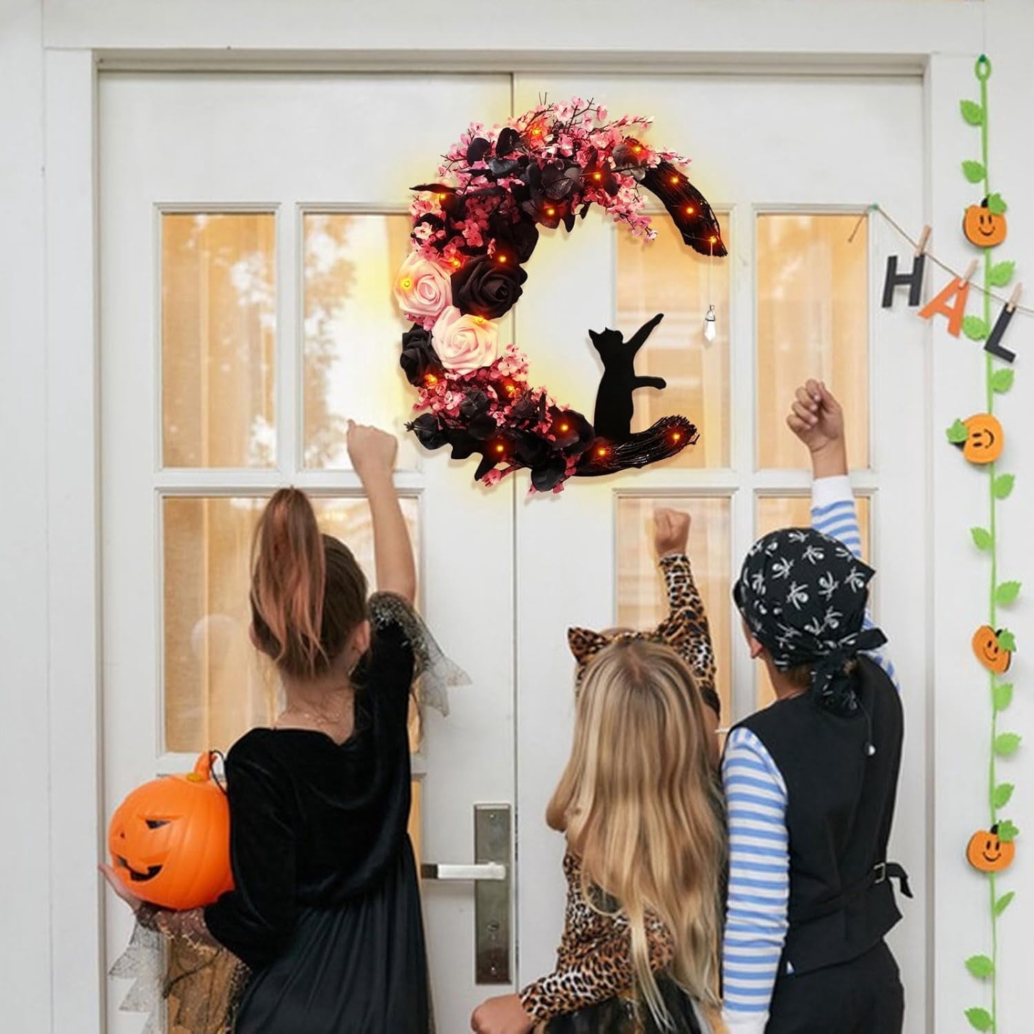 Halloween Wreaths For Front Door, Flower Moon Cat Halloween Home Decoration, Halloween Family Gathering Decoration Wreath，Outdoor, Wall, Closet, Fence, Wreath Halloween (Pink roses)