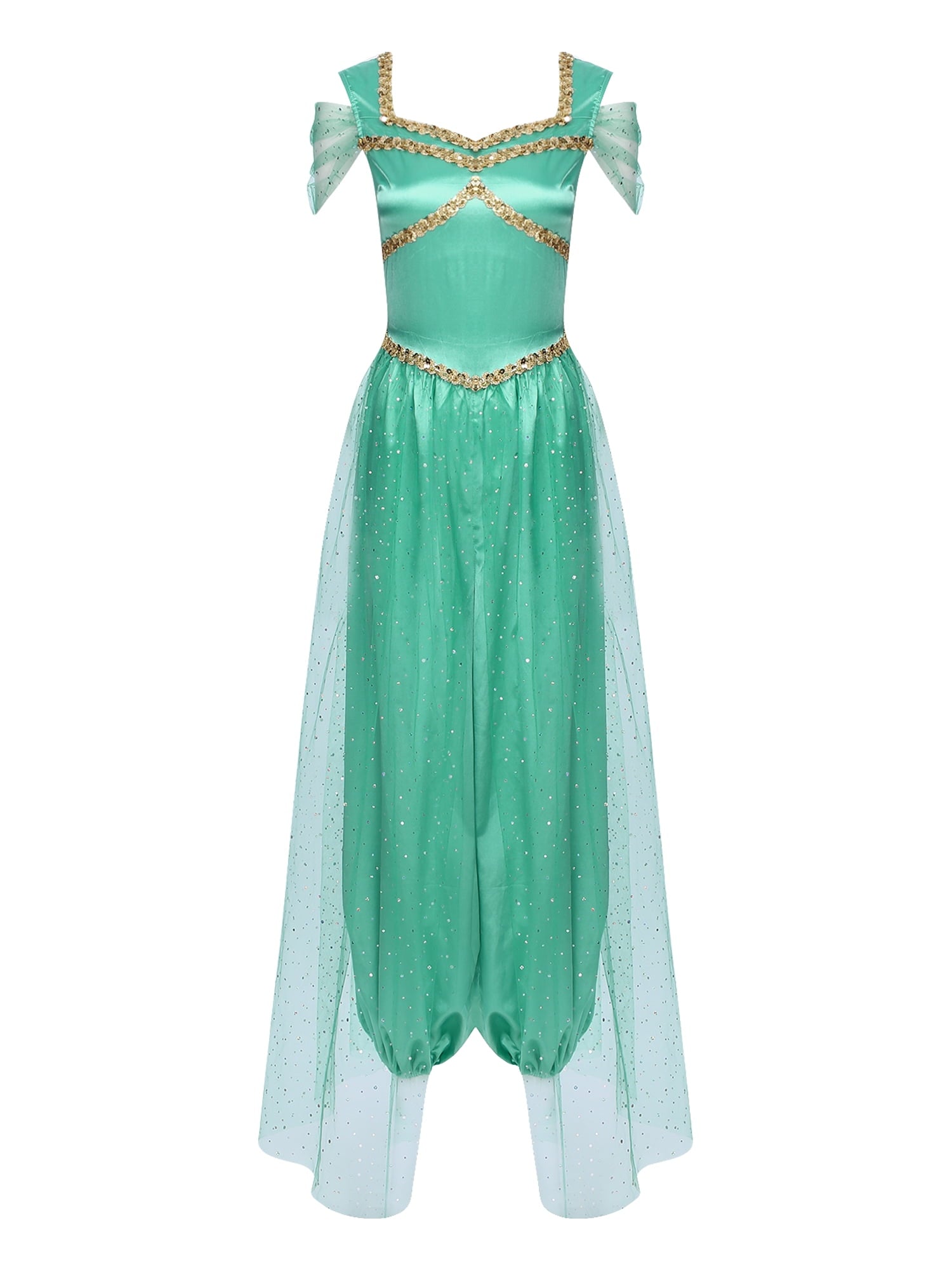 Aislor Women Halloween Arabian Princess Cosplay Costume Sequins Belly Dance Romper Jumpsuit Fancy Dress Lake Blue L