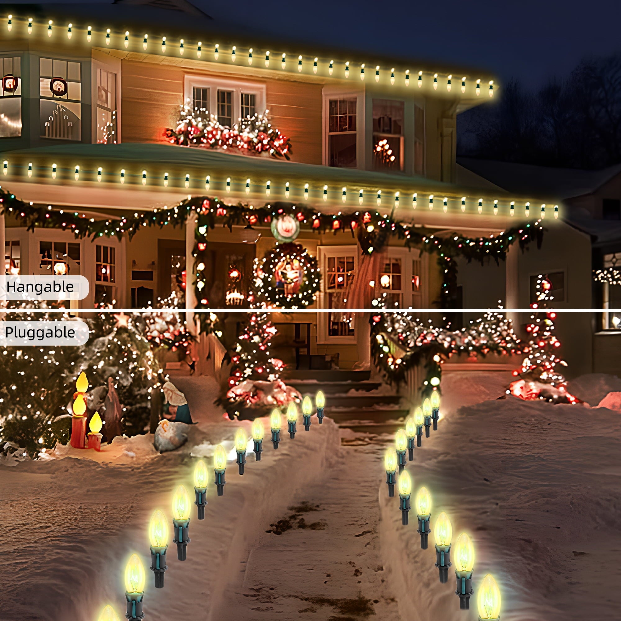 DAYBETTER 25.7ft Christmas Pathway Lights Outdoor, with 20pcs Multi-Color E17 C9 Bulbs, Hangable/Pluggable String Lights for Garden Decor